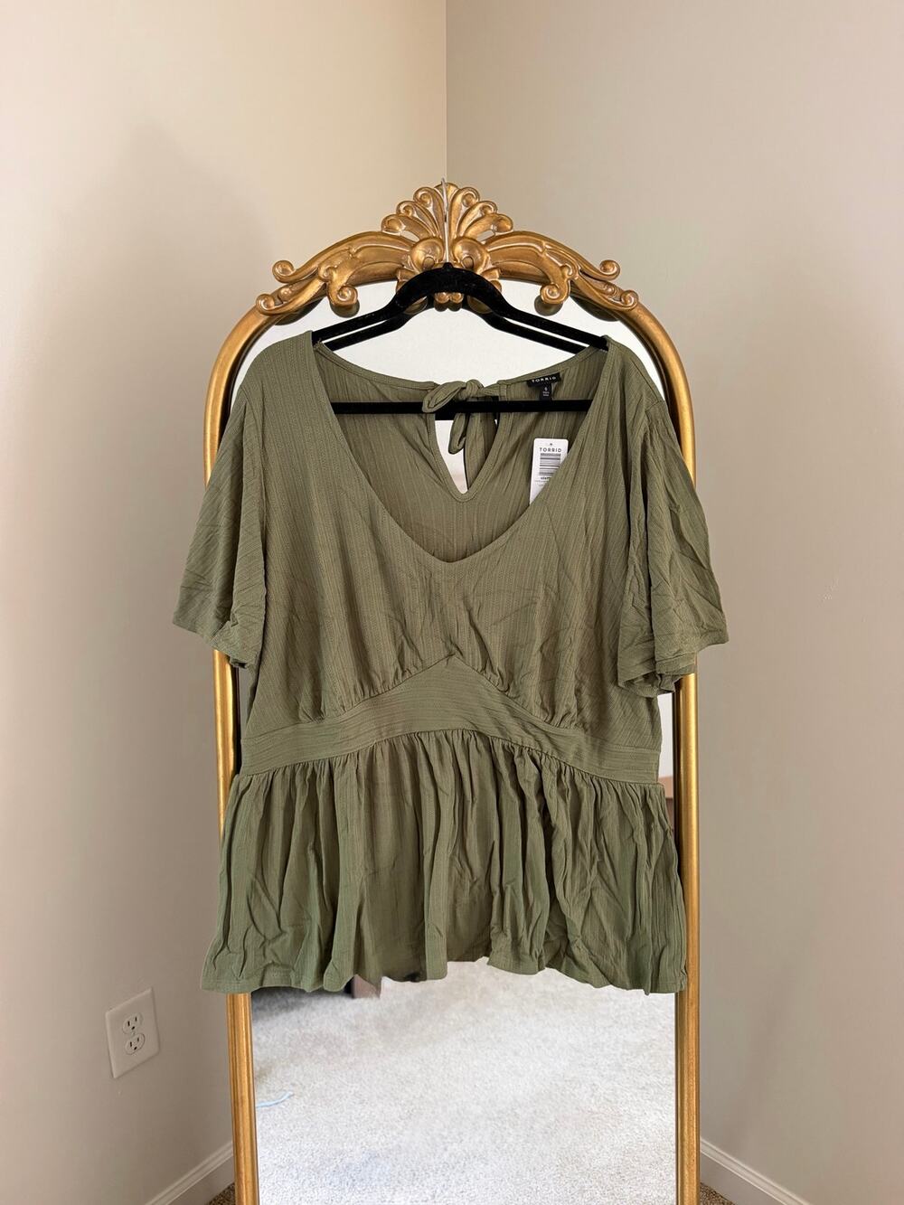 NWT Torrid Pointelle Rib V Neck Babydoll Olivine Green Olive Top Blouse